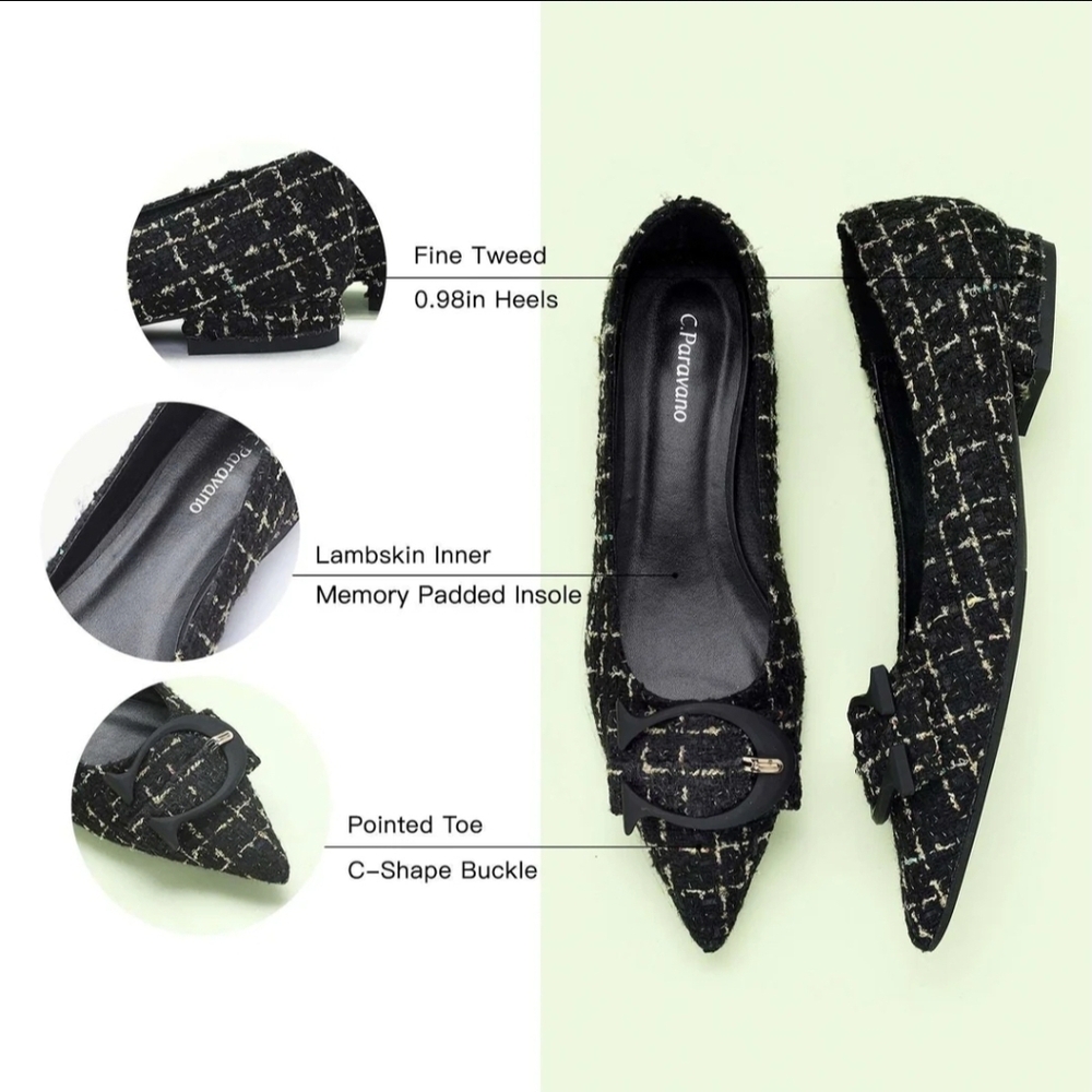 C. Paravano C Buckle Tweed Flats Aida Women’s EU 42 US 11.5 Pointed Toe Low Heel